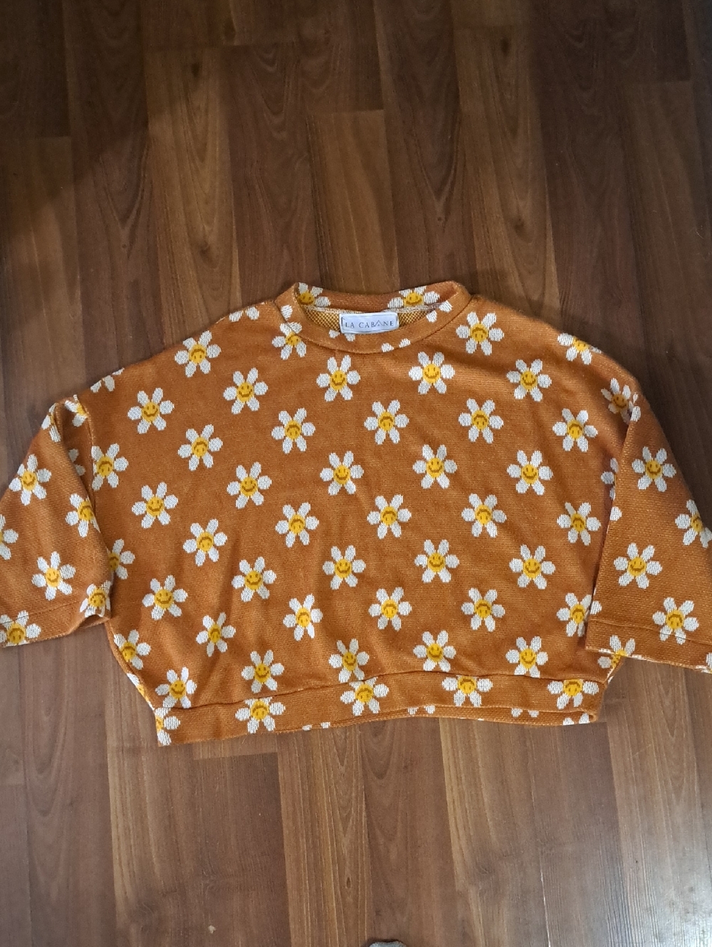 Daisy-Print Knit Sweater Daisy Happy Faces. Cottagecore, Coastal Grandma
